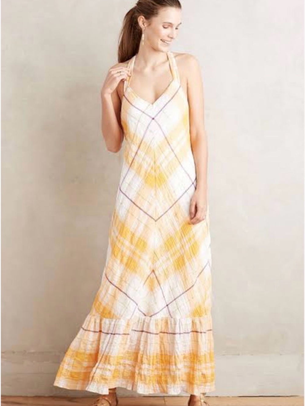 Anthropologie Holding Horses Clementine Yellow Plaid Halter Midi Dress Small